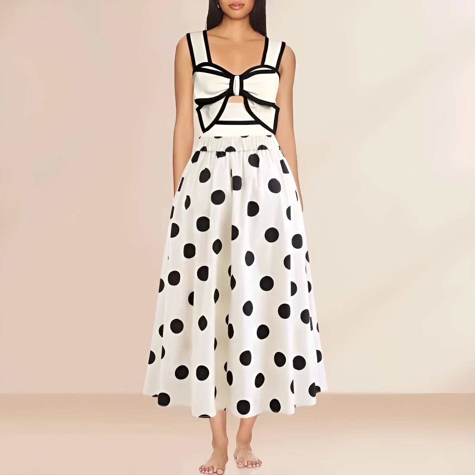 Women's one-piece swimsuit with beach dress style featuring bow detail and round skirt in polyester fabric