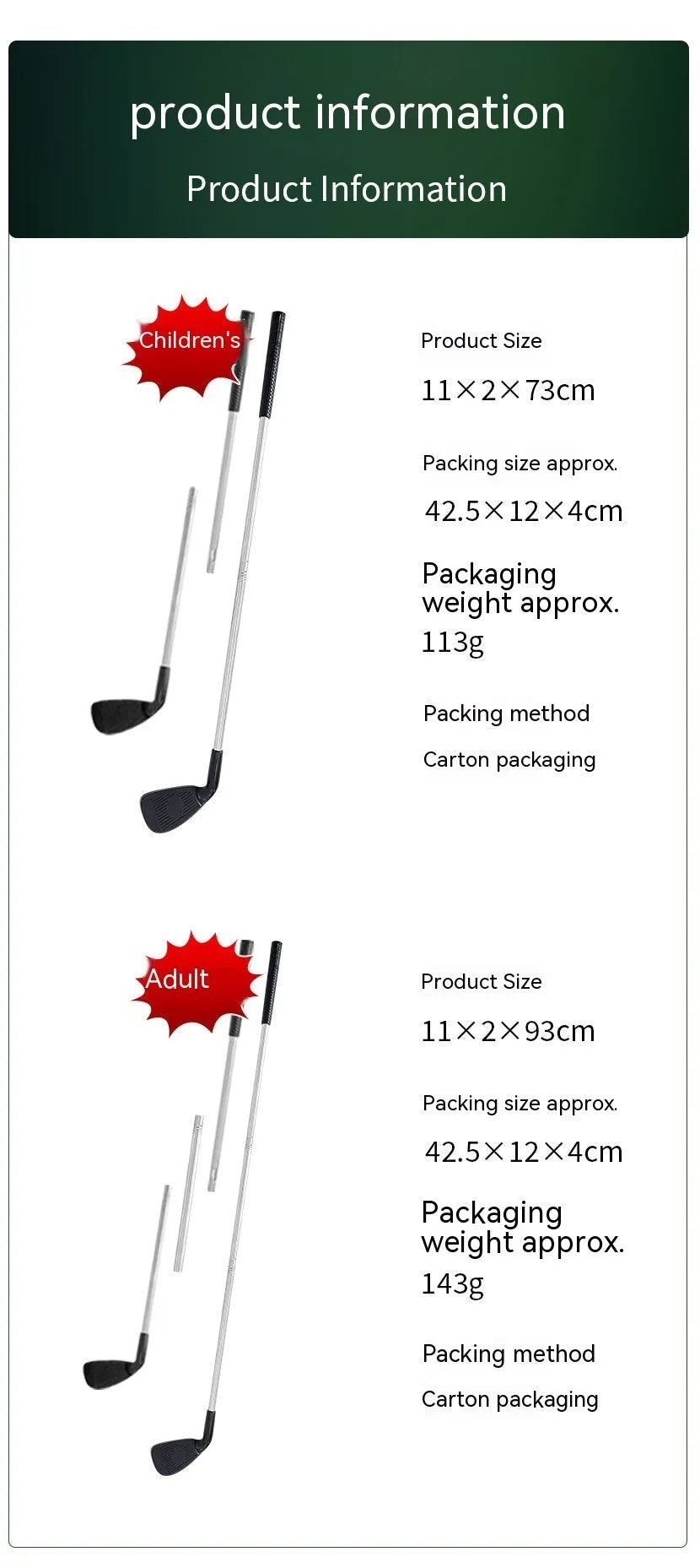 Silver metal golf club set showing adult and children's size options for outdoor practice