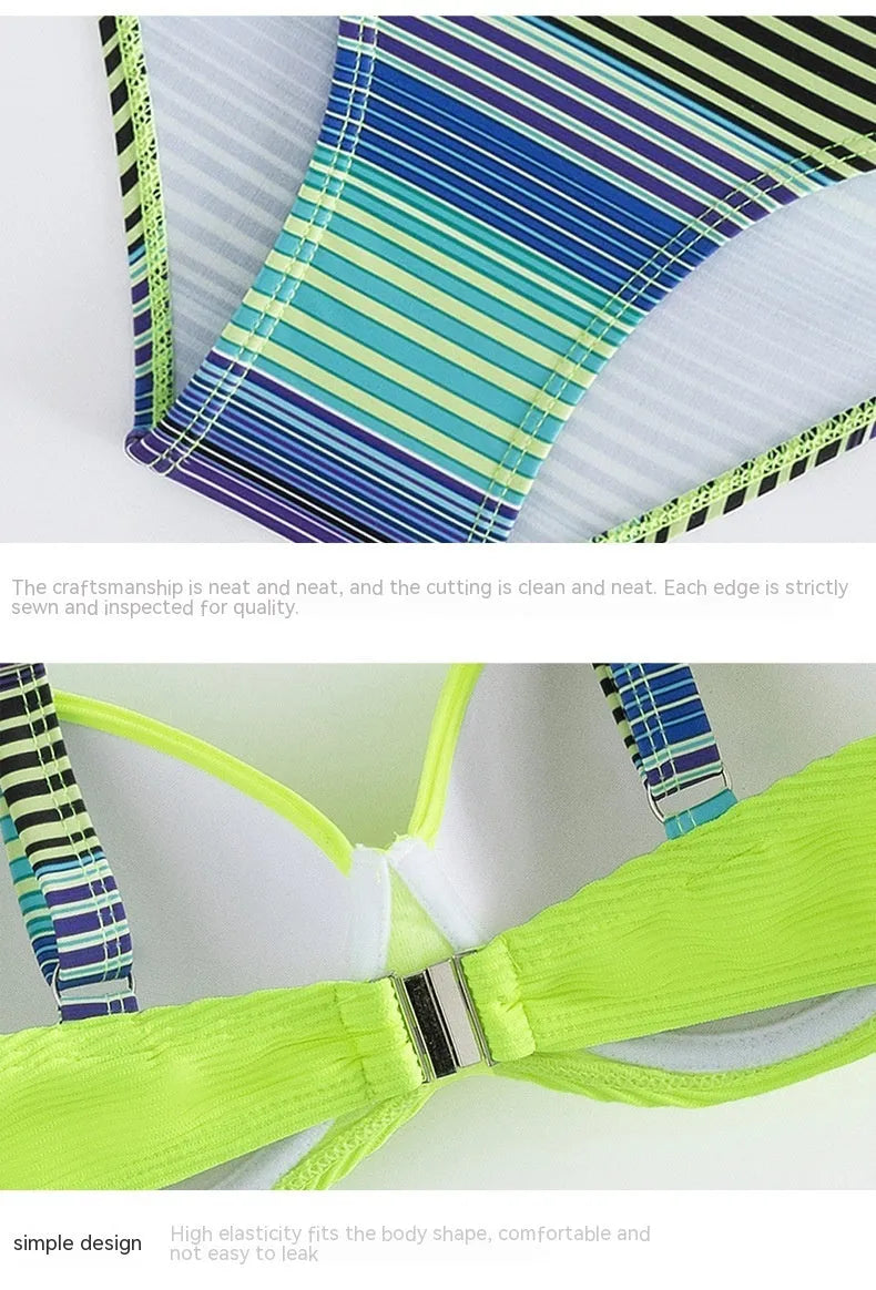 Green printed halter bikini set with matching split briefs for women
