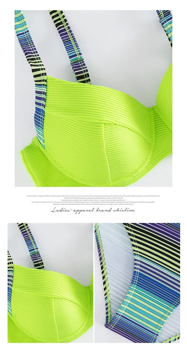 Green printed halter bikini set with matching split briefs for women