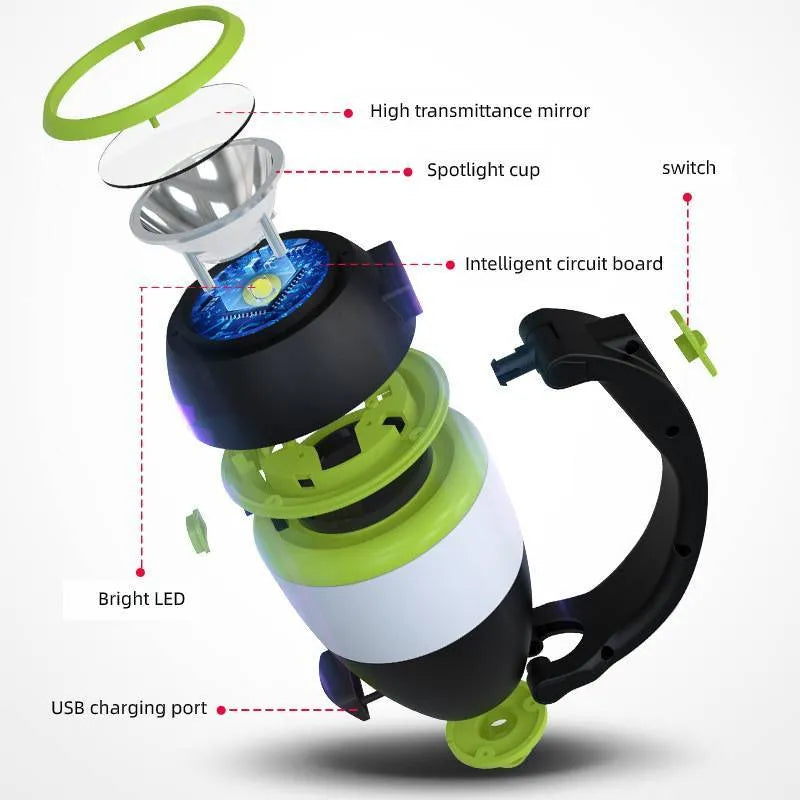 Black green foldable 3-in-1 LED camping lamp with USB charging port shown in open and closed positions.