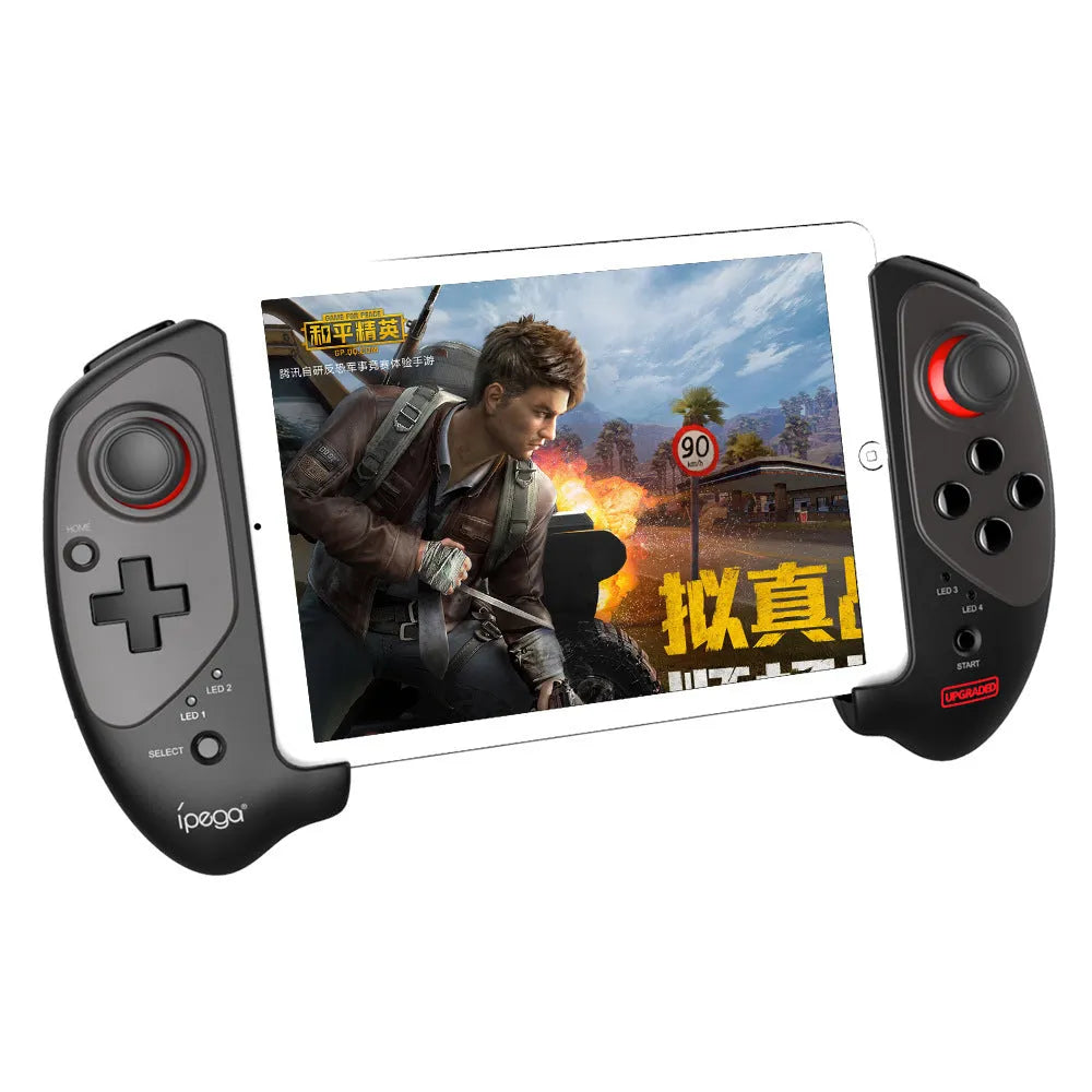 Red telescopic Bluetooth gamepad controller extended with smartphone showing Android and iOS compatibility
