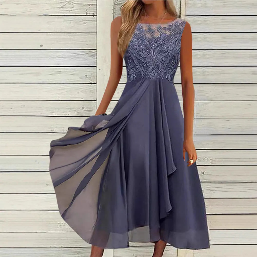 Women's sleeveless chiffon dress with lace hollow-out detail in blue, green or purple colours