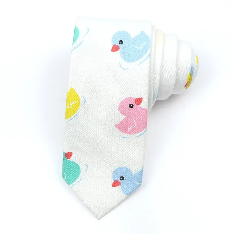 Narrow cotton bow tie with cartoon print pattern in assorted colour codes for men casual wear