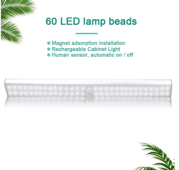 Rechargeable motion sensor LED strip light in cold white or warm white, shown in 24, 40, and 60 bead lengths.