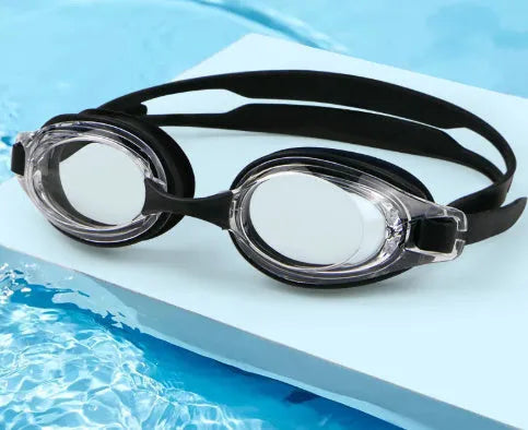 Adult myopia swimming goggles with anti-fog lenses and a protective storage case.