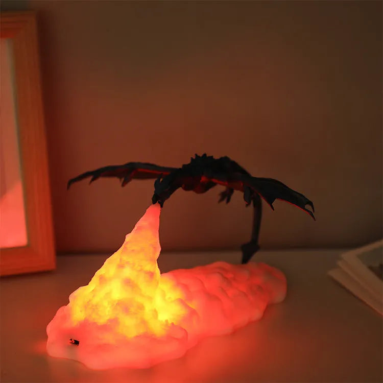 3D printed fire-breathing dragon night light with red glowing LED, measuring 200mm.