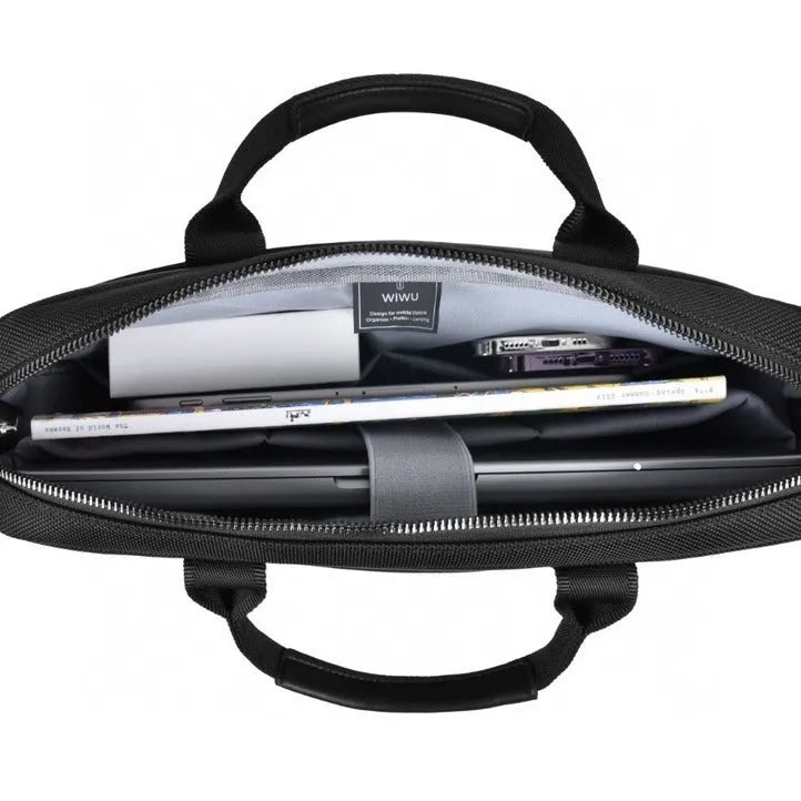 Black Oxford cloth laptop backpack showing multiple compartments and a separate padded laptop section.