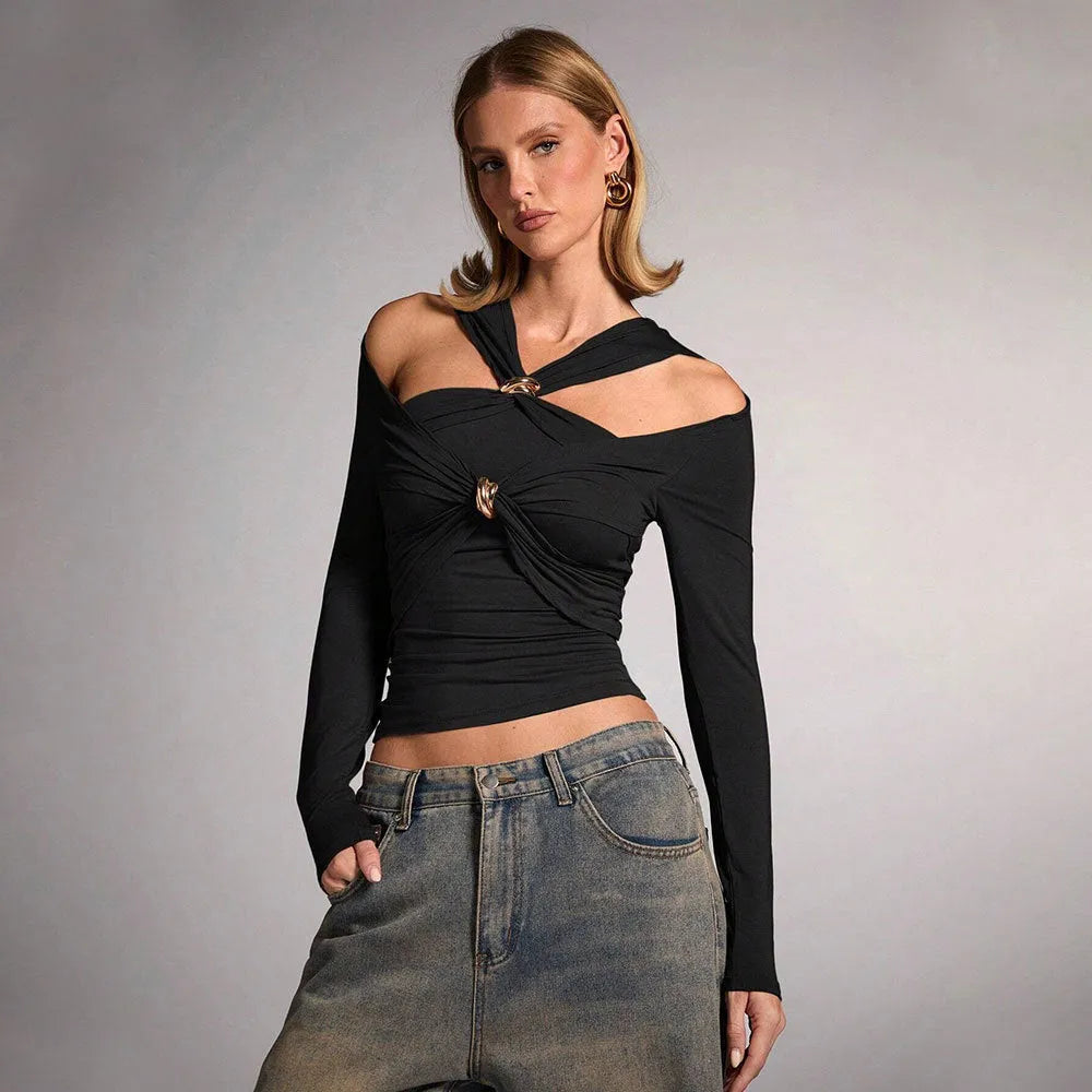 Black women's halter top with long sleeves in a slim fit.
