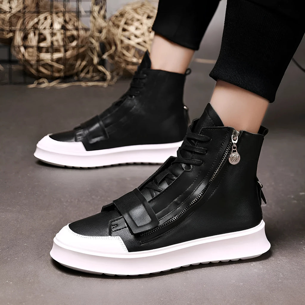 Black and white PU leather men's winter ankle boots with high-top sneakers style