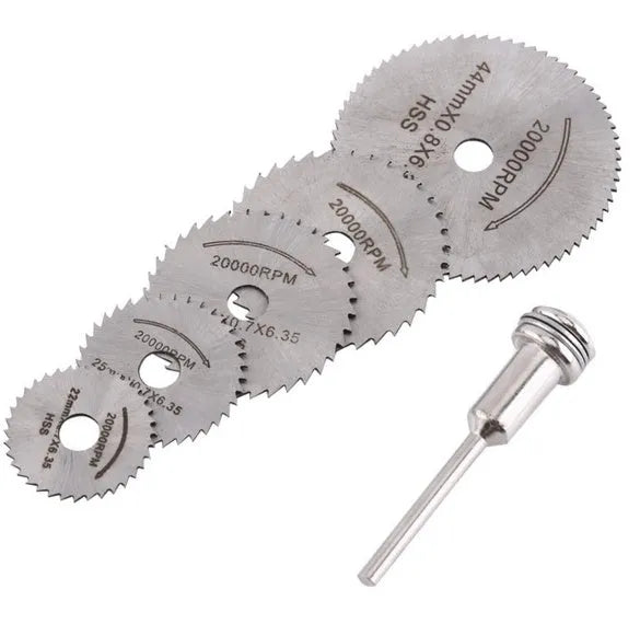 Six circular saw blades with mandrel for woodworking cutting applications
