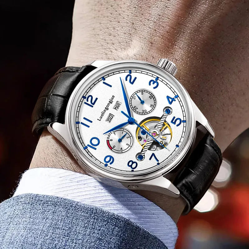 Men's stainless steel mechanical watch with leather strap and sapphire crystal glass