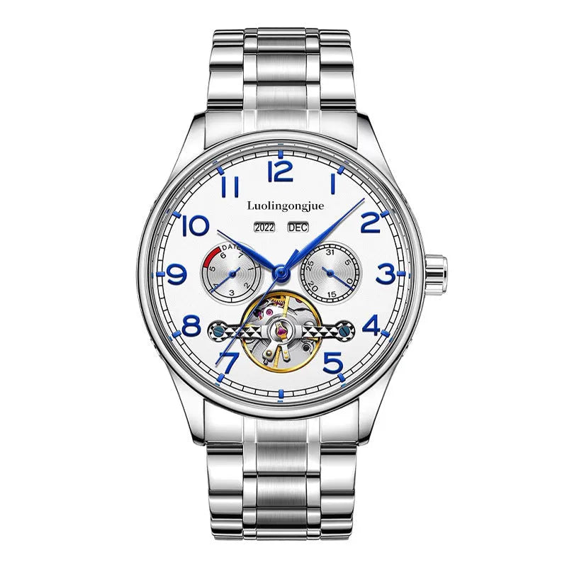 Men's stainless steel mechanical watch with leather strap and sapphire crystal glass