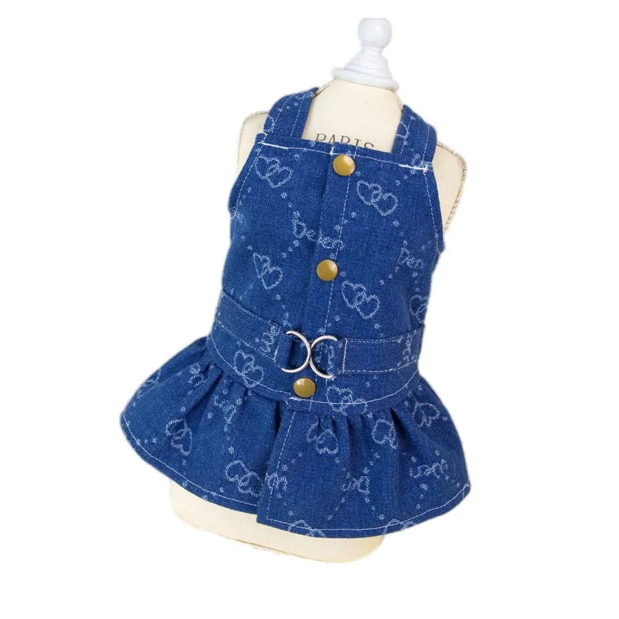 Denim princess dress for small dog on hanger showing bracket skirt style