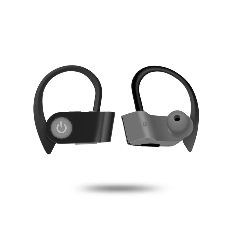 Black, grey, and red Bluetooth earphones with V5.0, showing ergonomic design and control buttons.