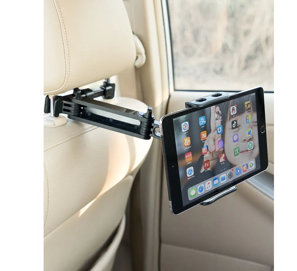 Black universal car phone and tablet holder mounted on a car rear seat base.