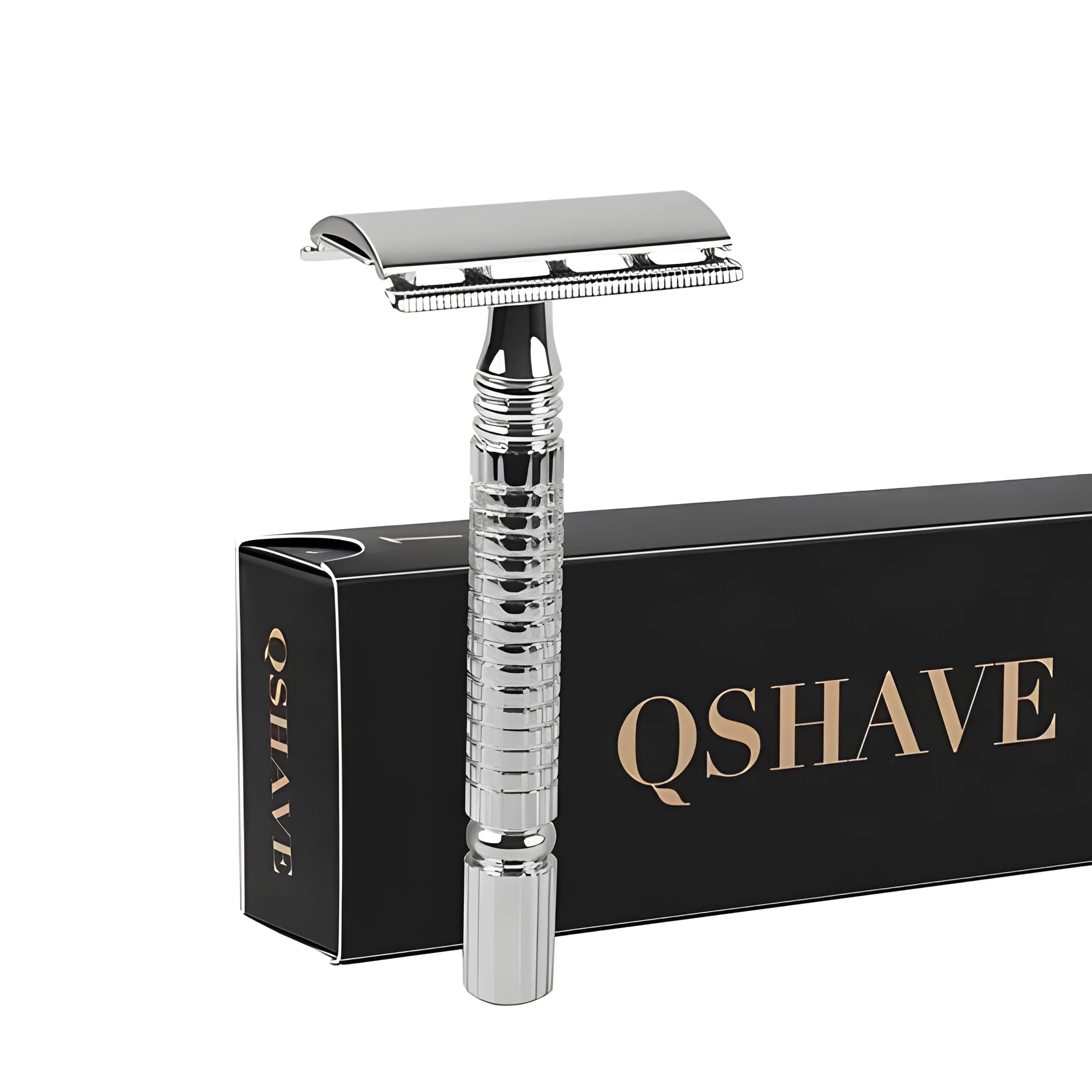 Double-edged safety razor with chrome-plated brass handle and storage case