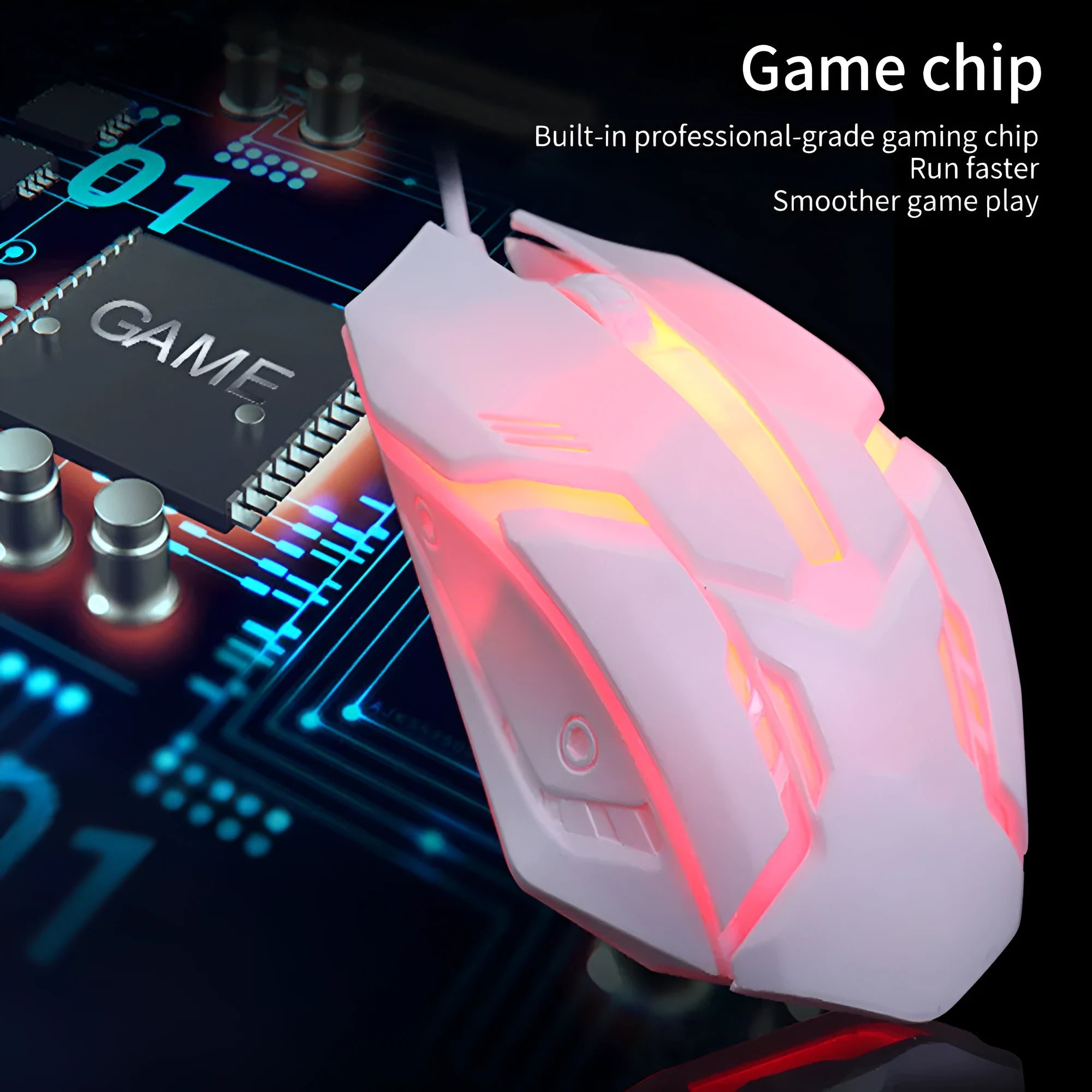 Wired black and white luminous computer mouse with USB cable on desktop