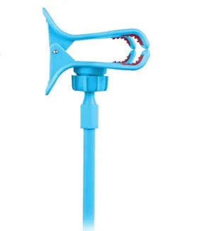 Black portable mobile phone holder with a long flexible arm and a V-clip, extended on a surface.