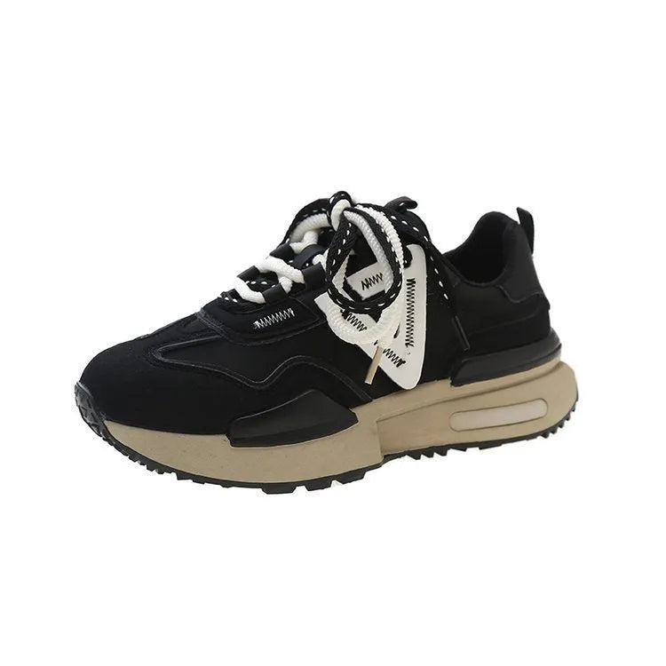 Women's black and khaki red retro platform sports shoes with round toe and lace-up front.