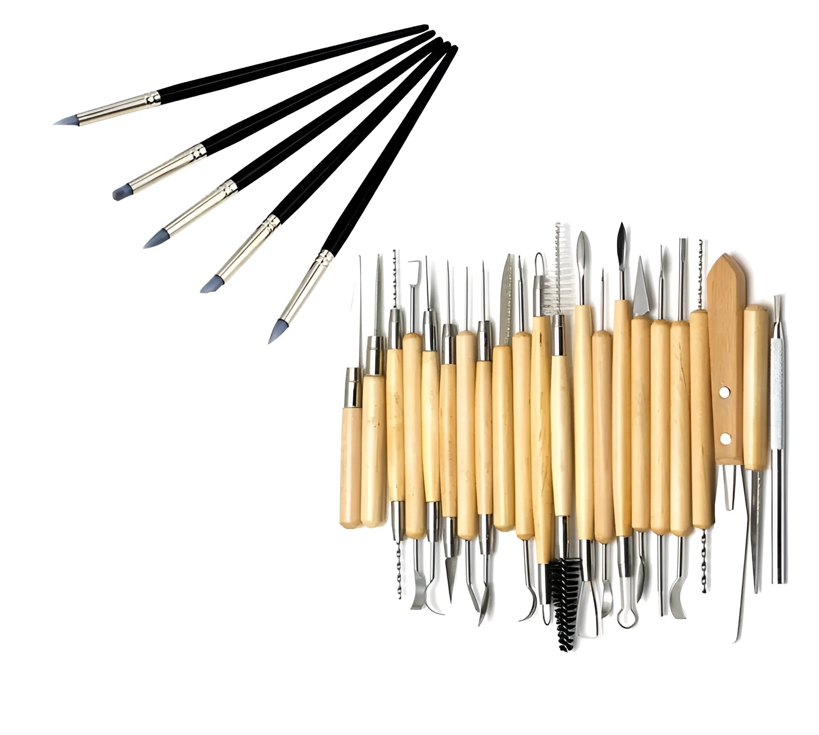 27-piece pottery tool set with stainless steel, wood, and plastic tools organised in a brown roll package.