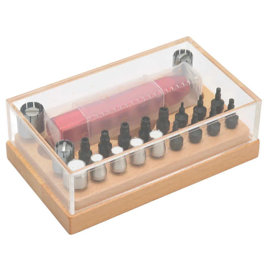 Steel watch repair tool kit with 20 barrel-opening extracting tubes for professional disassembly.