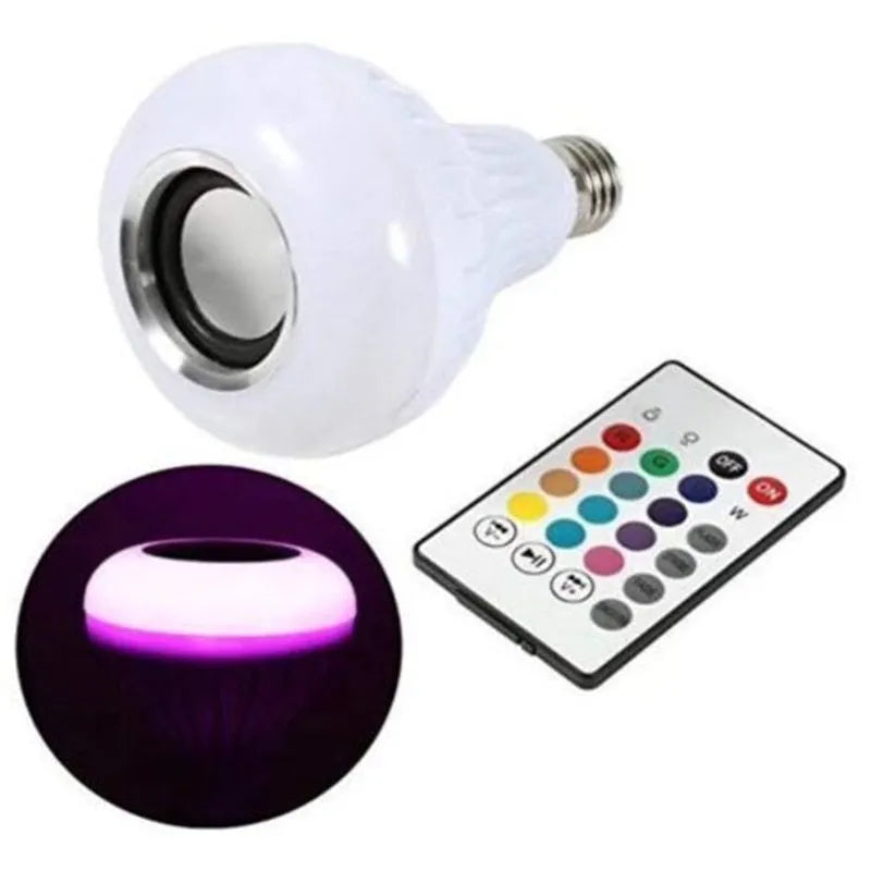 White E27 Bluetooth speaker LED bulb with remote control for smart lighting and audio