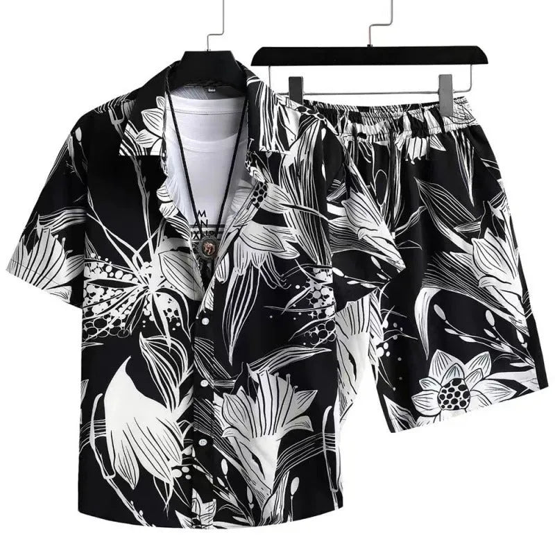 Men's short sleeve cardigan and shorts casual suit set with digital printing