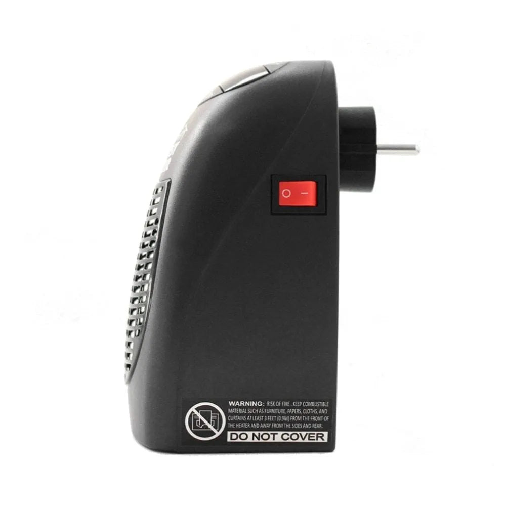 Black mini ceramic electric heater with digital display and rotating plug on white background
