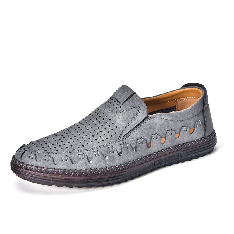 Men's brown slip-on casual shoes with artificial PU upper and visible sewing construction around PVC sole