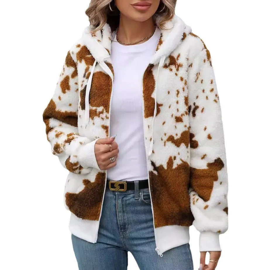 Yellow brown animal print hooded cardigan jacket with zip front