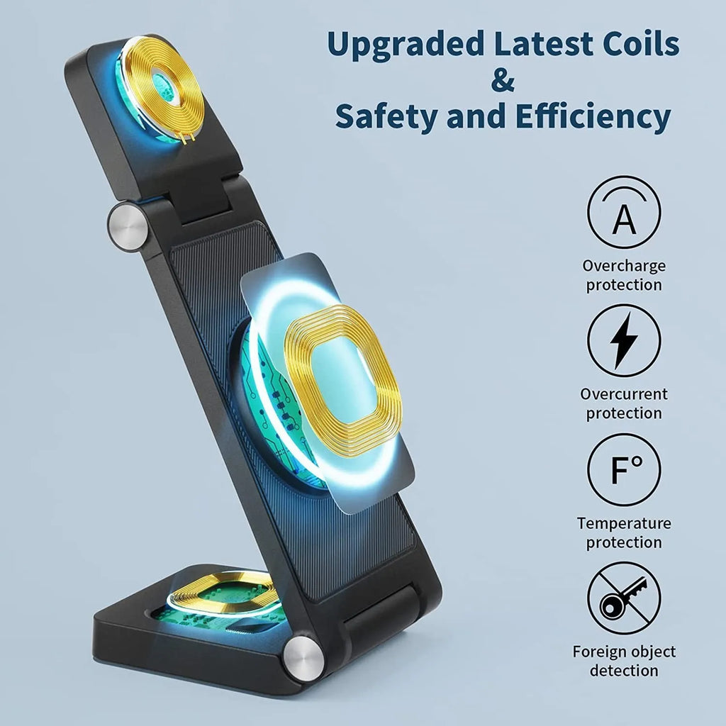 New vertical folding magnetic three-in-one wireless charger in black on a desk charging a smartphone, watch, and earbuds