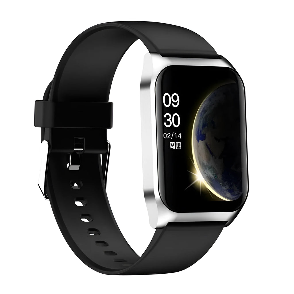Black smart watch with 1.69-inch screen and silicone strap showing heart rate display