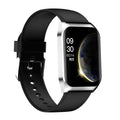 Black smart watch with 1.69-inch screen and silicone strap showing heart rate display