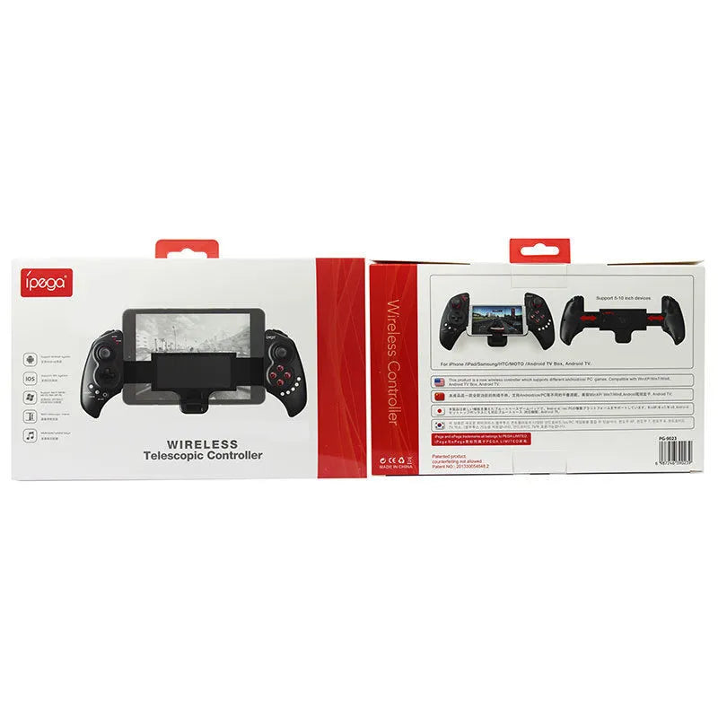 Wireless telescopic gamepad controller extended with mobile phone showing directional pad and buttons