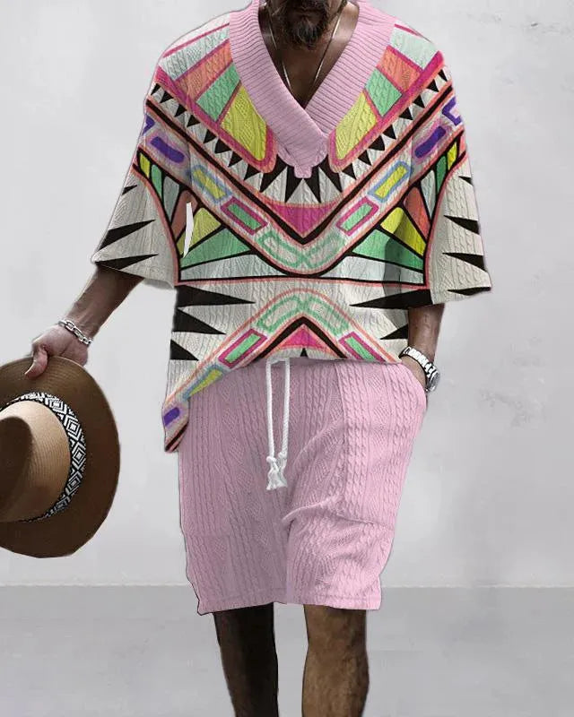 Loose casual short sleeve suit two-piece set in polyester fabric, showing top and shorts.