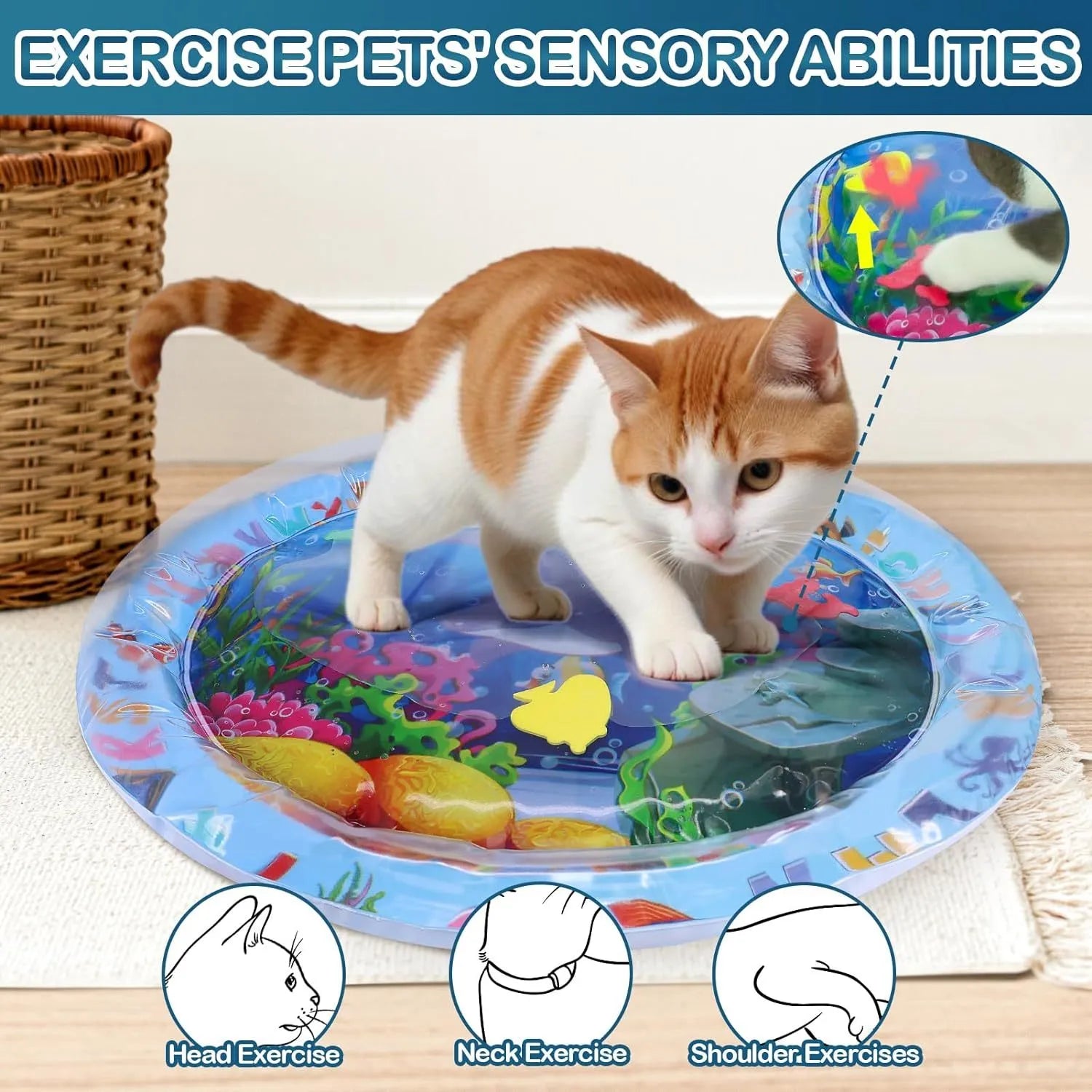 Large square blue water sensory playmat for cats on a floor, showing floating fish toys inside.