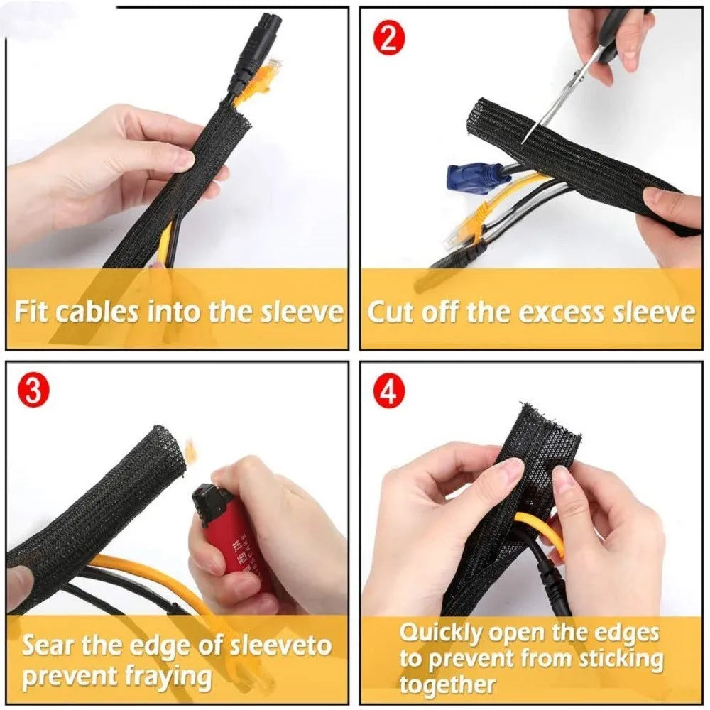 Black self-winding mesh cable sleeve for automotive wire protection with VW-1 fire rating