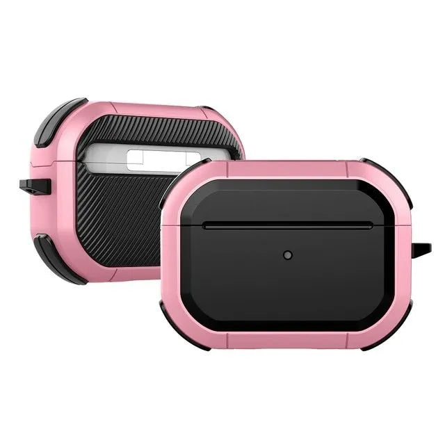 Black TPU and PC protective shell case for Apple AirPods 1, 2, and Pro charging case.