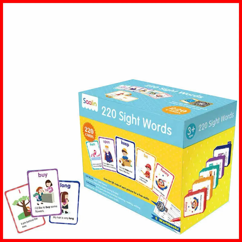 Early learning gift box containing 220 high-frequency word cards and five phonics workbooks for children aged 3+.
