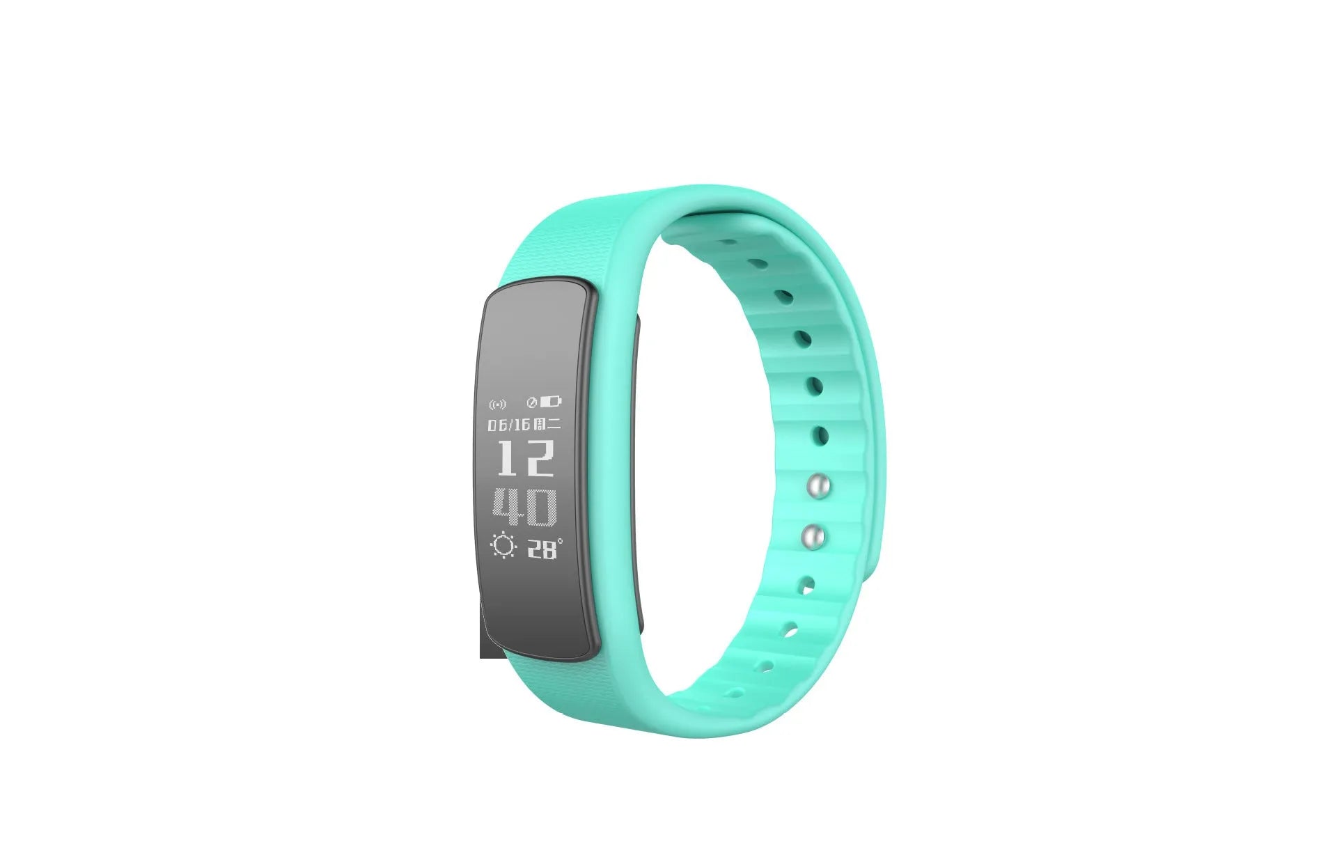I6 smart sports bracelet with black TPU wristband and 0.96 inch touchscreen displaying health data.