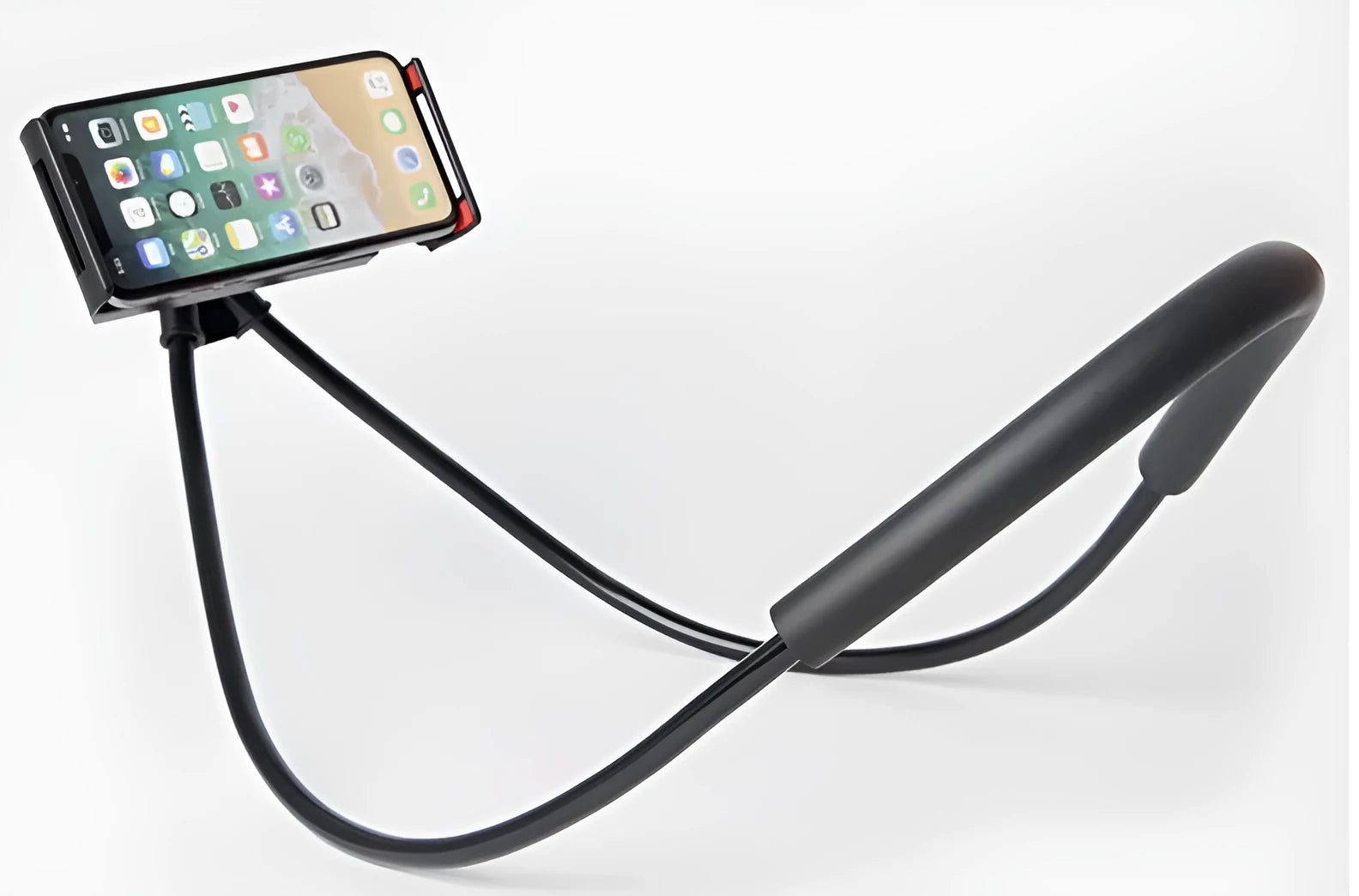 Universal white phone neck holder with 360-degree rotating clamp mounted on a smartphone