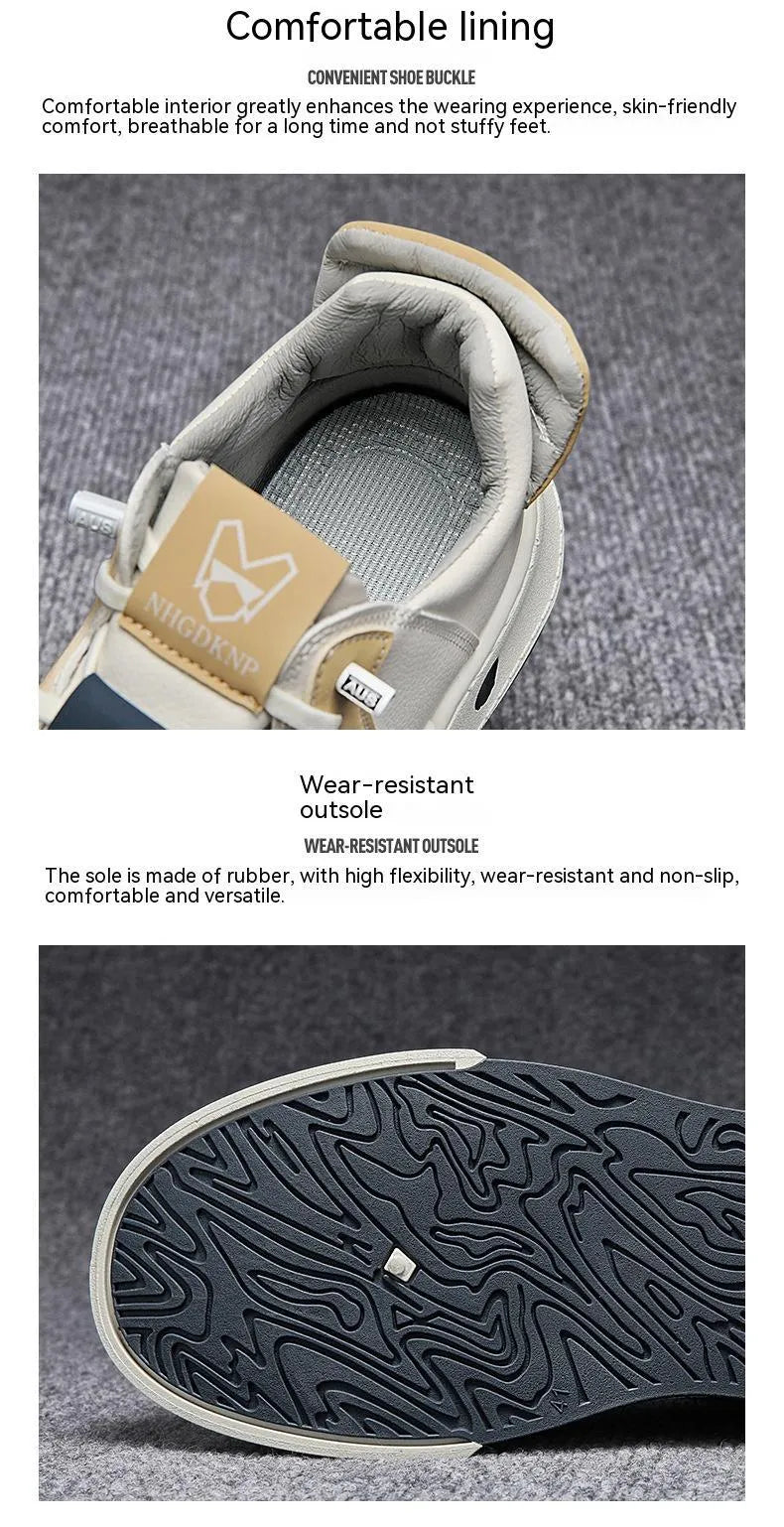 Men's beige low-top casual sneakers with elastic band fastening and leather stitching detail on microfiber upper.