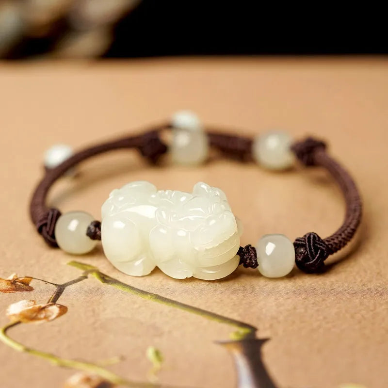 Women's Hetian jade bracelet with black and red braided ropes in Chinese style