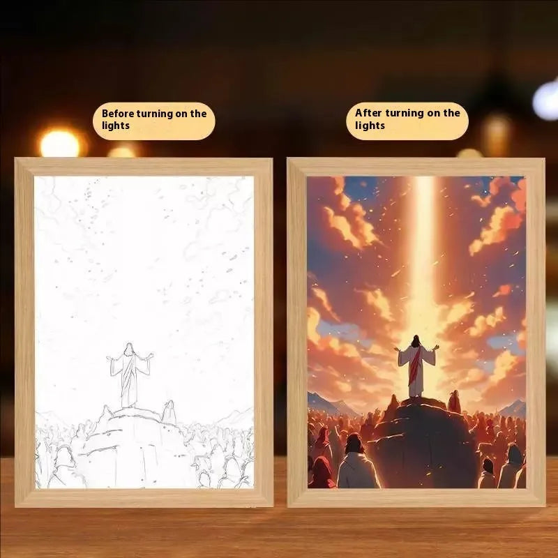 Modern rectangular LED photo frame displaying changeable sea scene artwork with built-in illumination