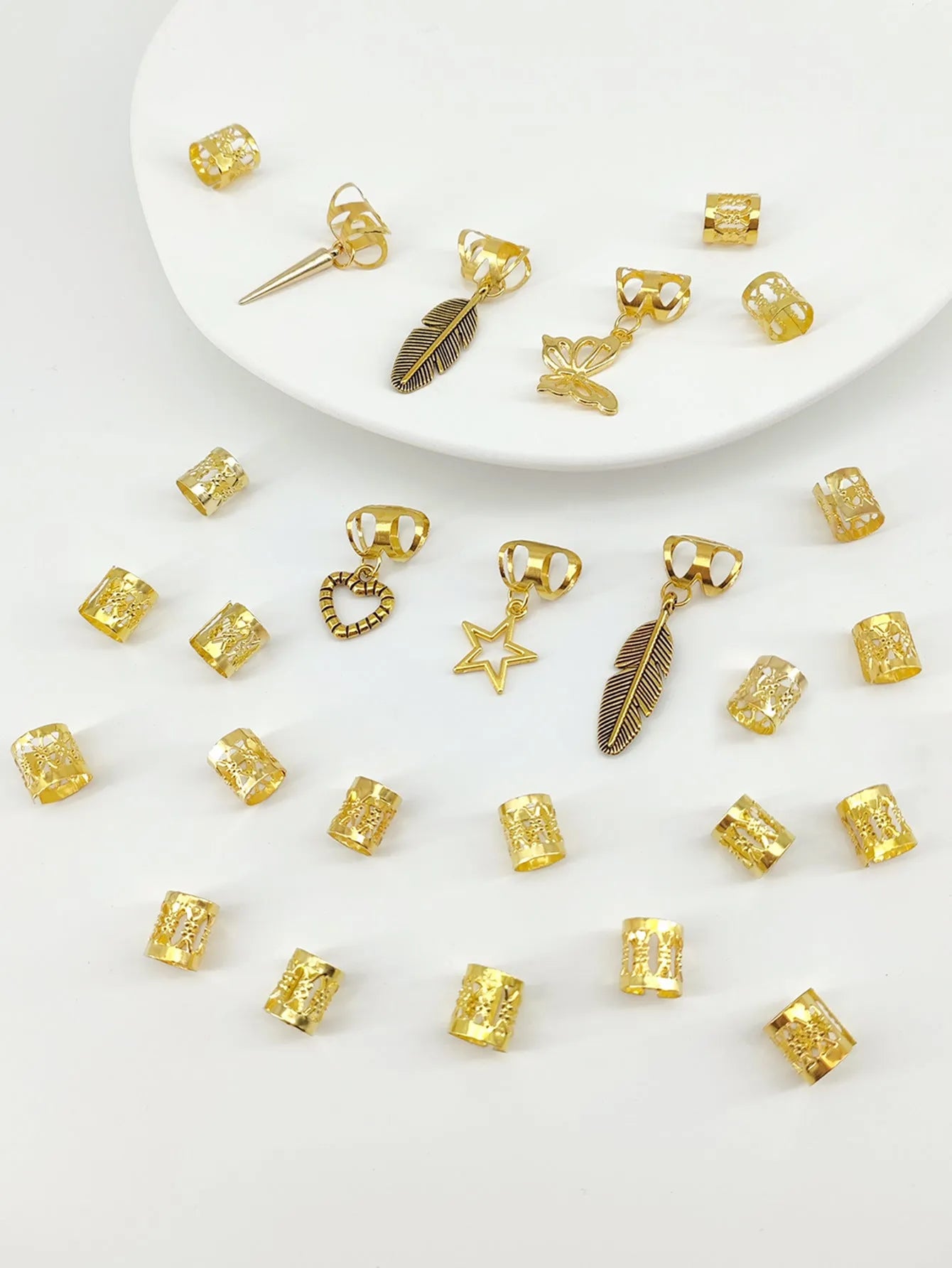 Antique dirty braid style hair rings in electroplated gold or silver alloy, 26 piece pack
