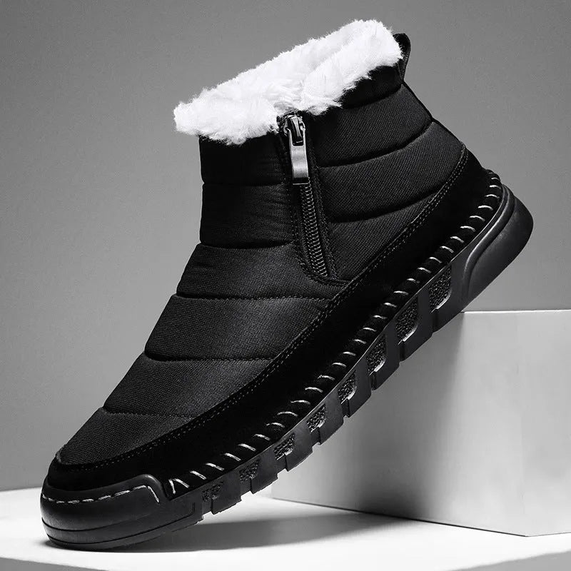 Men's plus size snow boot in blue with round toe and flat heel on a non-slip rubber sole.