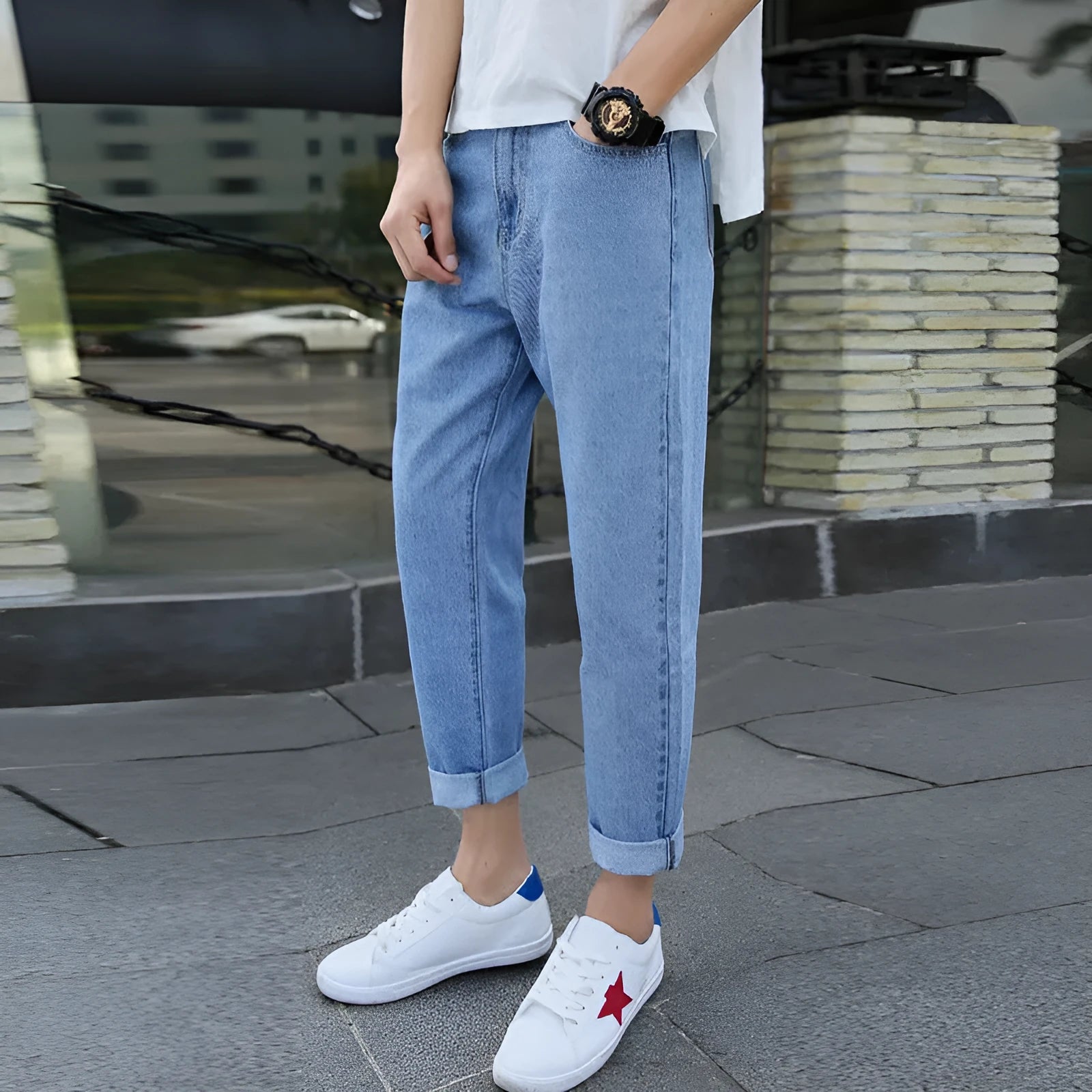 Men's loose straight leg harem jeans in black cotton denim with light straight leg opening
