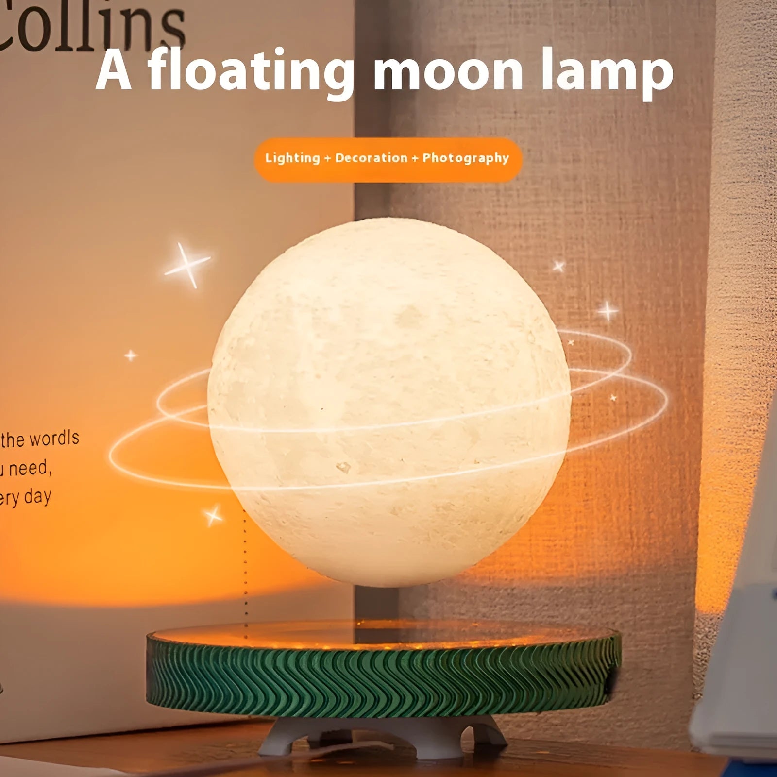 Magnetic suspension moon lamp floating above surface with USB cable