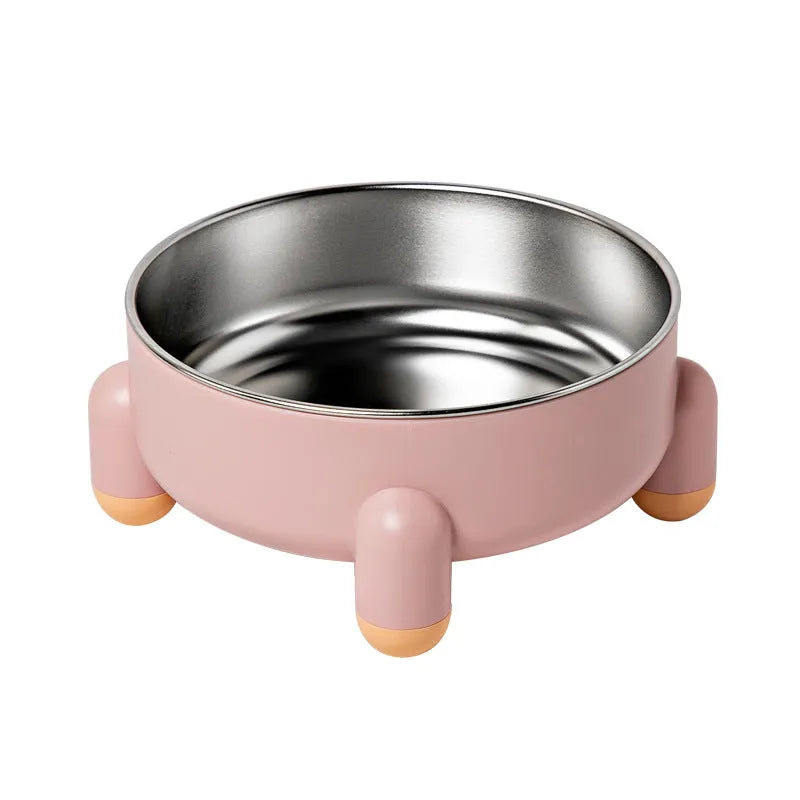 Stainless steel pet bowl with high foot design in green, pink, and white colour options
